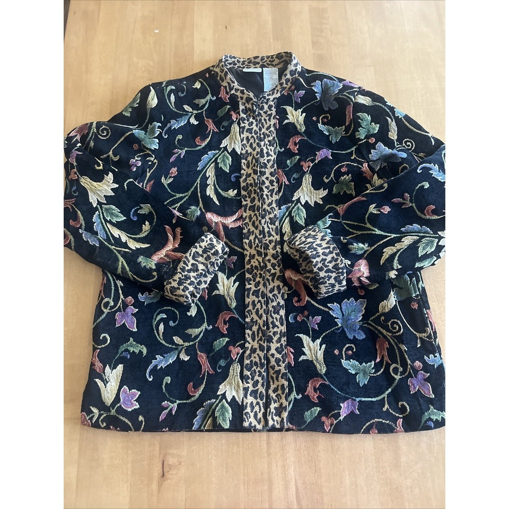 Black & Floral Tapestry Lined WHITE STAG Jacket Leopard Jaguar Print Trim Sz XL